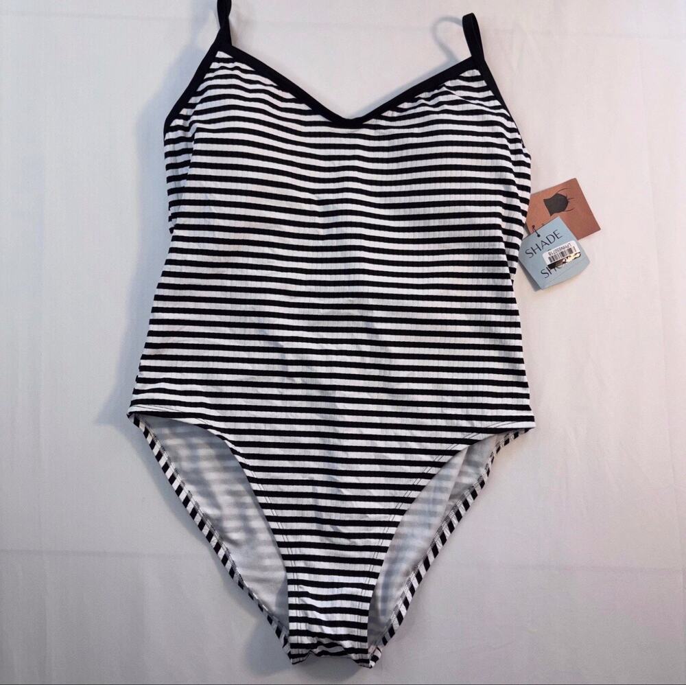 NWT Shade & Shore Women's Small Black White Stripe One Piece Swimsuit